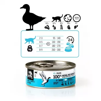 Mitrā kaķu barība 3coty Duck 80 g — pilnvērtīga pastēte pieaugušiem kaķiem, olbaltumvielas 15%, tauki 10%, mitrums 72,8%