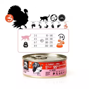 Mitrā kaķu barība 3coty Turkey with Krill 80 g — pilnvērtīga pieaugušu kaķu mitrā barība, 80 g bundža, olbaltumvielas 19%, tauki 7%