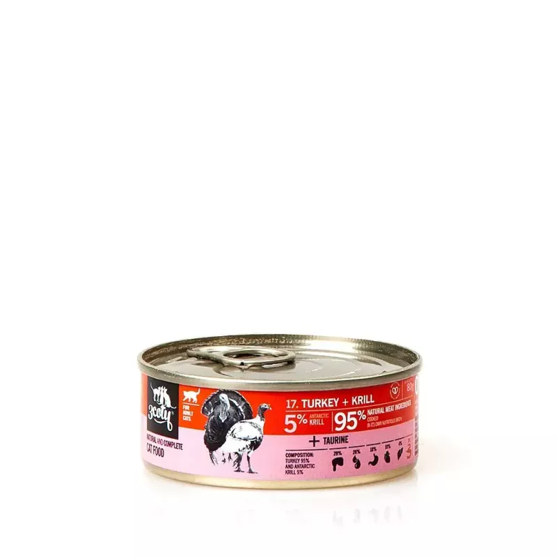 Mitrā kaķu barība 3coty Turkey with Krill 80 g — pilnvērtīga pieaugušu kaķu mitrā barība, 80 g bundža, olbaltumvielas 19%, tauki 7%