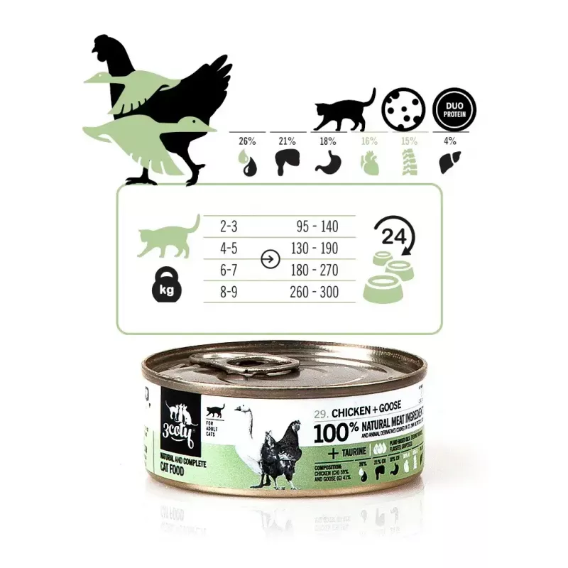 Mitrā kaķu barība 3coty Chicken with Goose 80 g kārba — pilnvērtīga barība pieaugušiem kaķiem, 19% olbaltumvielu, 12% tauku