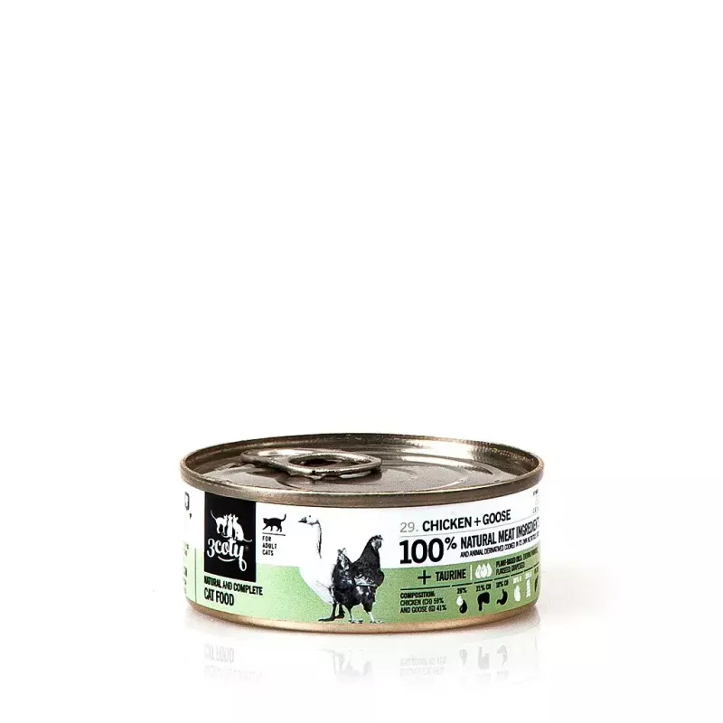 Mitrā kaķu barība 3coty Chicken with Goose 80 g kārba — pilnvērtīga barība pieaugušiem kaķiem, 19% olbaltumvielu, 12% tauku