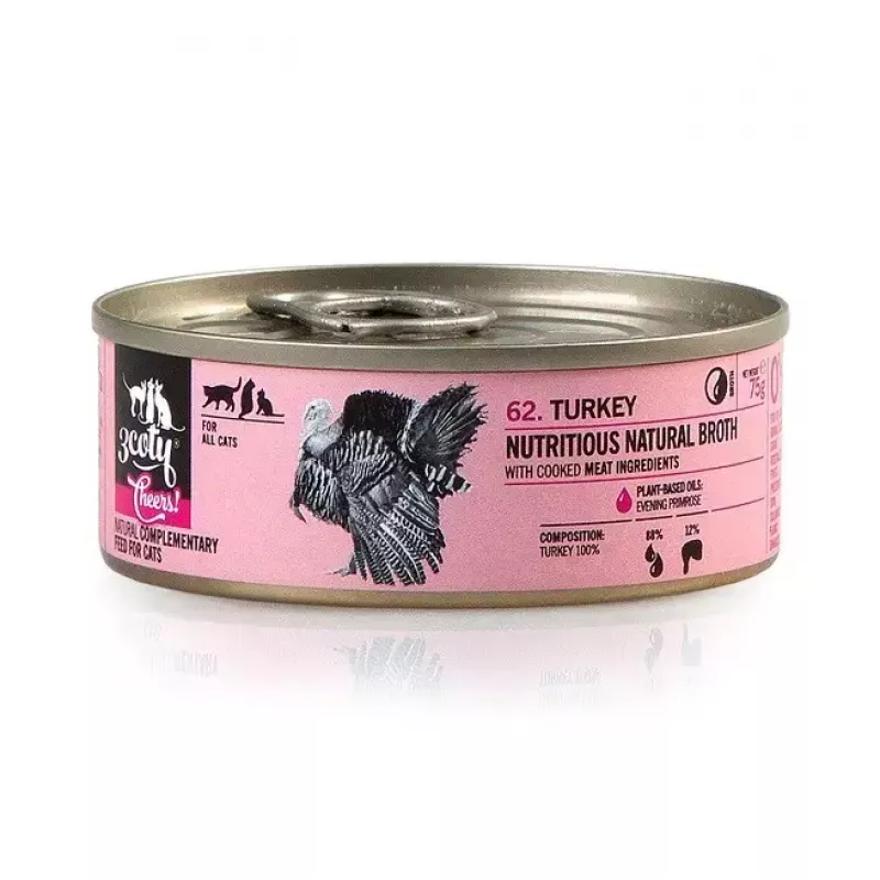 Mitrā kaķu barība 3coty Turkey Cheers 75 g — pieaugušiem kaķiem, papildinoša vienas porcijas paciņa, 80% mitruma, 6% olbaltumvielu