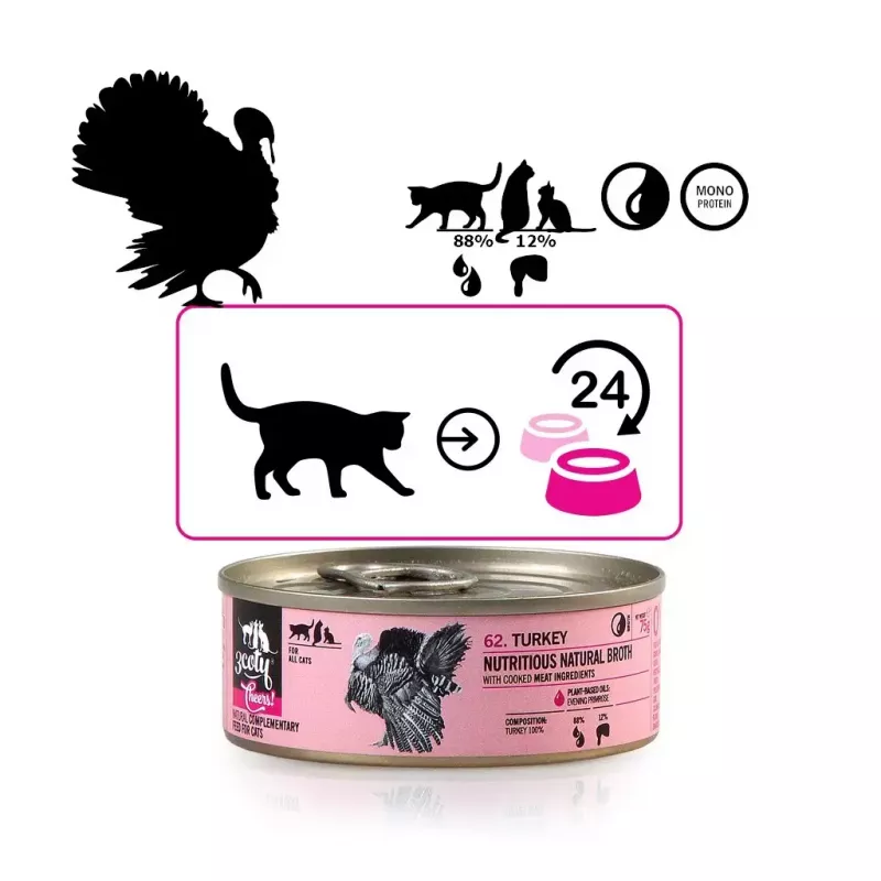 Mitrā kaķu barība 3coty Turkey Cheers 75 g — pieaugušiem kaķiem, papildinoša vienas porcijas paciņa, 80% mitruma, 6% olbaltumvielu