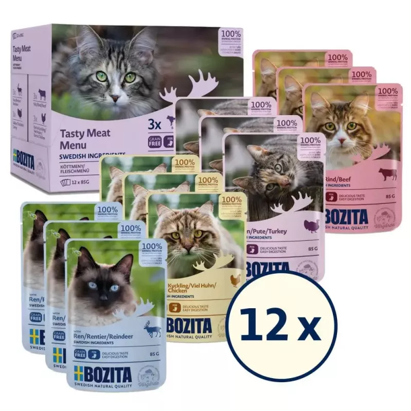 Mitrā kaķu barība BOZITA 85 g paciņa — liellopu gaļa, vista, brieža gaļa, tītars, bez graudiem, pieaugušiem kaķiem, 12×85g iepakojums