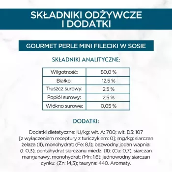 Mitrā kaķu barība Purina Nestlé GOURMET Perle Mini filejas gabaliņi mērcē, paciņas 60 x 85 g, pieaugušiem kaķiem, 80% mitruma