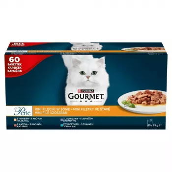Mitrā kaķu barība Purina Nestlé GOURMET Perle Mini filejas gabaliņi mērcē, paciņas 60 x 85 g, pieaugušiem kaķiem, 80% mitruma
