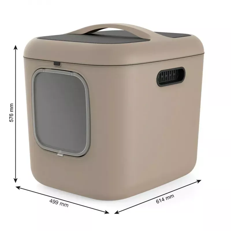 Kaku kaste Rotho Biala XL Cappuccino — plastmasas kaķu tualetes paplāte ar oglekļa filtru, pakarināšanas atveri, 499×614×576 mm, 2,5 kg