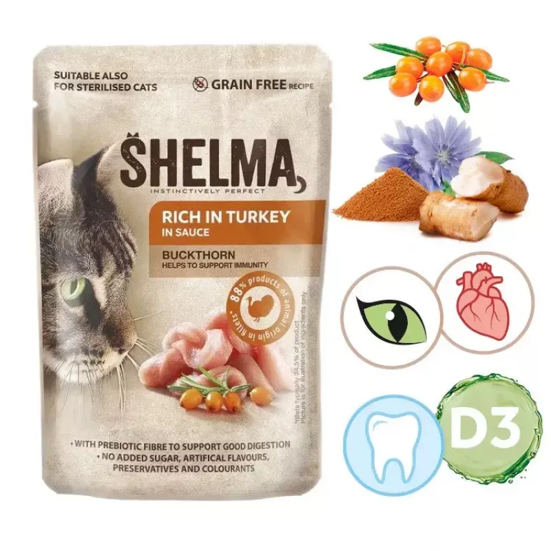 Slapjā kaķu barība SHELMA Rich in turkey mērcē 85 g — pieaugušiem kaķiem, bez glutēna, piemērota pārtikas alerģijām