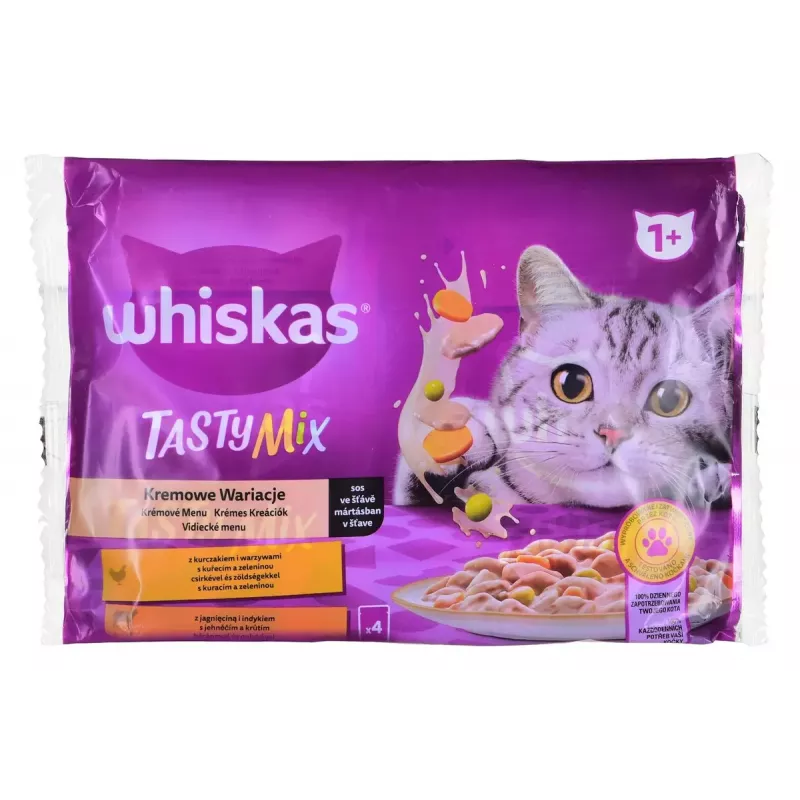 Mitrā kaķu barība Whiskas 85 g maisiņā, pieaugušiem kaķiem, 4 x 85 g, vistas/jēra garša, mitrums 83,5%, olbaltumvielas 7%