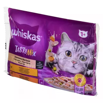 Mitrā kaķu barība Whiskas 85 g maisiņā, pieaugušiem kaķiem, 4 x 85 g, vistas/jēra garša, mitrums 83,5%, olbaltumvielas 7%