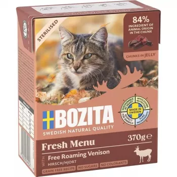 Mitrā kaķu barība BOZITA Fresh Menu 370 g pieaugušām kaķiem, brieža gaļas garša, bez sojas, bez lipekļa