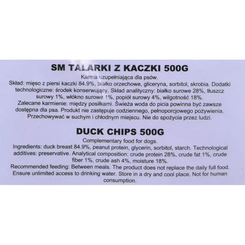 Suņu kārums MACED Duck chips 500 g — vienas sastāvdaļas pīles našķis, 500 g, olbaltumvielas 28%, tauki 1%