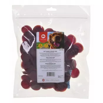 Suņu kārums MACED Duck chips 500 g — vienas sastāvdaļas pīles našķis, 500 g, olbaltumvielas 28%, tauki 1%