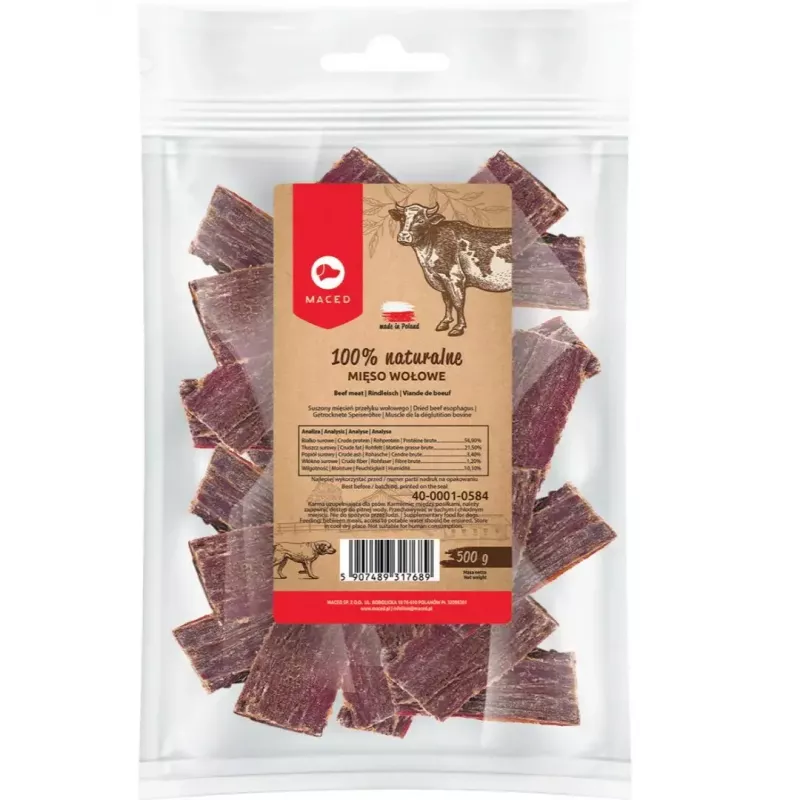 Mitrā suņu barība MACED Beef 100% Nature, 500 g — pieauguši suņi, proteīns 56,9%, tauki 21,5%, mitrums 10,1%