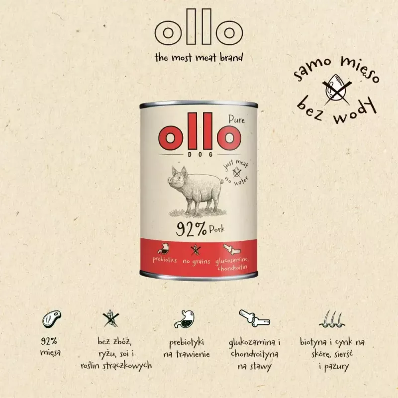 Mitrā suņu barība OLLO Pure Pork 850 g — pilnvērtīga pieaugušo suņu mitrā barība, monoproteinīns, 17% proteīna, 11,5% tauku, 63% mitruma