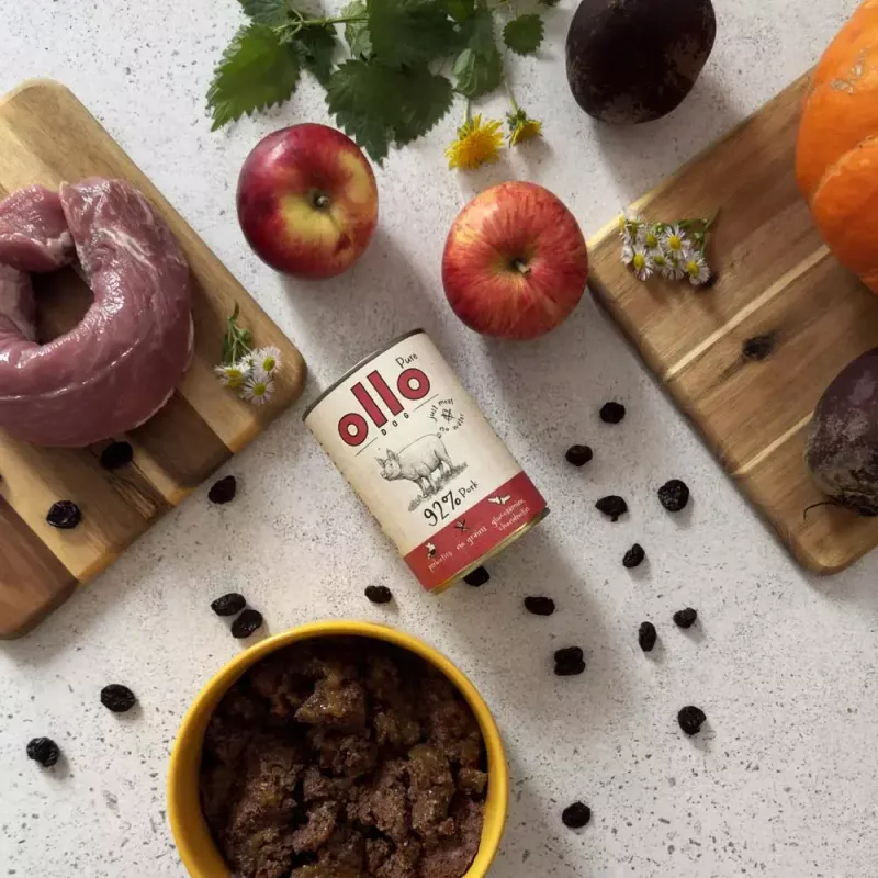 Mitrā suņu barība OLLO Pure Pork 850 g — pilnvērtīga pieaugušo suņu mitrā barība, monoproteinīns, 17% proteīna, 11,5% tauku, 63% mitruma