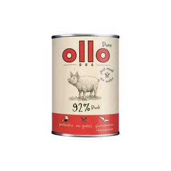 Mitrā suņu barība OLLO Pure Pork 850 g — pilnvērtīga pieaugušo suņu mitrā barība, monoproteinīns, 17% proteīna, 11,5% tauku, 63% mitruma
