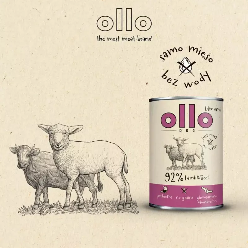 Mitrā suņu barība OLLO Umami Jērs un liellopu gaļa 850 g — pieaugušiem suņiem, bez graudiem, bez lipekļa un sojas