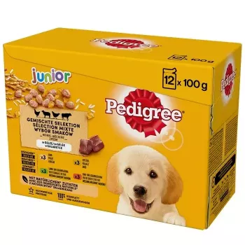 Slapjā suņu barība Pedigree Junior Selection Mix 12×100g — kucēnu slapjā barība, 12 paciņas (100 g), mitrums 80,5%, olbaltumvielas 8,5%, tauki 6%