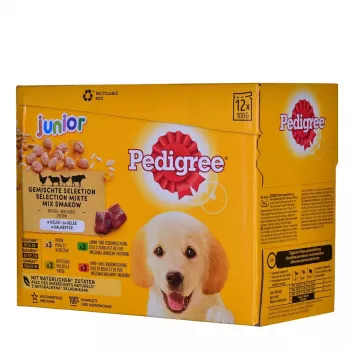 Slapjā suņu barība Pedigree Junior Selection Mix 12×100g — kucēnu slapjā barība, 12 paciņas (100 g), mitrums 80,5%, olbaltumvielas 8,5%, tauki 6%