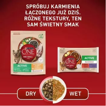 Mitrā suņu barība Purina Nestlé One Mini/Small Active Beef 85 g — mitrā barība pieaugušām mazo šķirņu suņiem, 76,4% mitrums, 12,5% olbaltumvielas