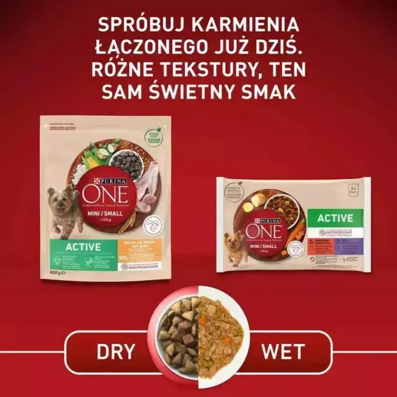 Mitrā suņu barība Purina Nestlé One Mini/Small Active Beef 85 g — mitrā barība pieaugušām mazo šķirņu suņiem, 76,4% mitrums, 12,5% olbaltumvielas