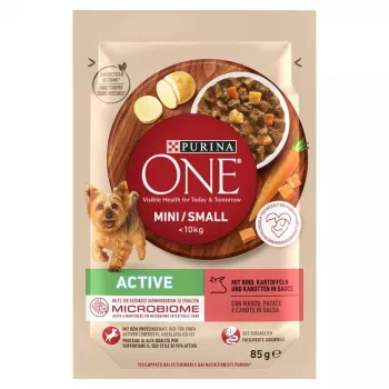 Mitrā suņu barība Purina Nestlé One Mini/Small Active Beef 85 g — mitrā barība pieaugušām mazo šķirņu suņiem, 76,4% mitrums, 12,5% olbaltumvielas