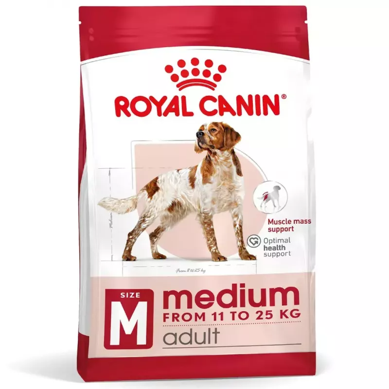 Sausā suņu barība Royal Canin Medium Adult — vista & cūkgaļa, 4 kg; olbaltumvielas 25%, tauki 14%