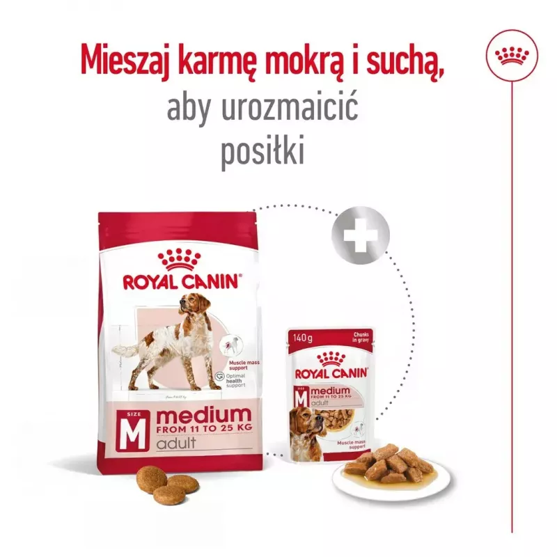 Sausā suņu barība Royal Canin Medium Adult — vista & cūkgaļa, 4 kg; olbaltumvielas 25%, tauki 14%