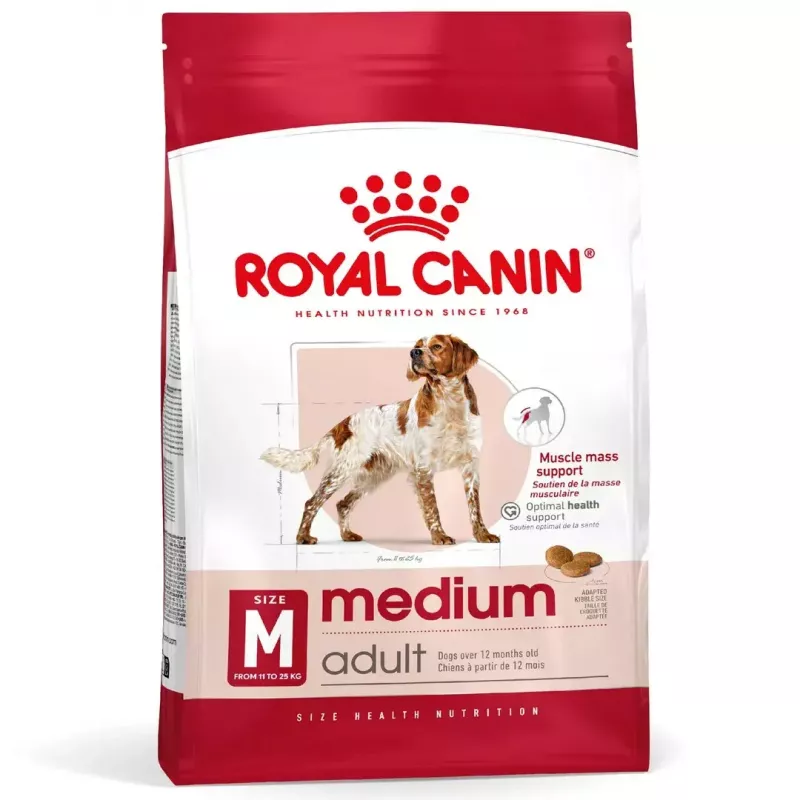 Sausā suņu barība Royal Canin Medium Adult — vista & cūkgaļa, 4 kg; olbaltumvielas 25%, tauki 14%