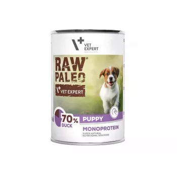 Mitrā suņu barība VETEXPERT RAW PALEO kucēniem Monoprotein Duck 400 g, mitrums 74,8%, olbaltumvielas 9,6%, tauki 10,6%