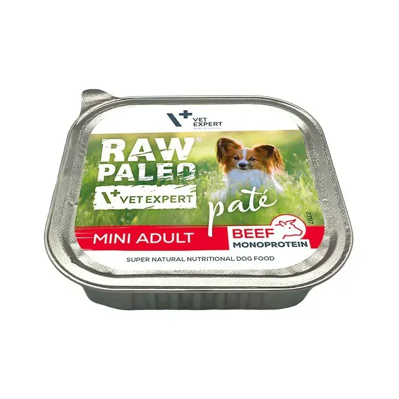 Mitrā suņu barība VETEXPERT RAW PALEO Pate Mini Adult Beef 150 g — pilnvērtīgs konservēts uzturs pieaugušiem mazo šķirņu suņiem, 80% mitrums, 10% olbaltumvielas
