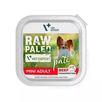 Mitrā suņu barība VETEXPERT RAW PALEO Pate Mini Adult Beef 150 g — pilnvērtīgs konservēts uzturs pieaugušiem mazo šķirņu suņiem, 80% mitrums, 10% olbaltumvielas