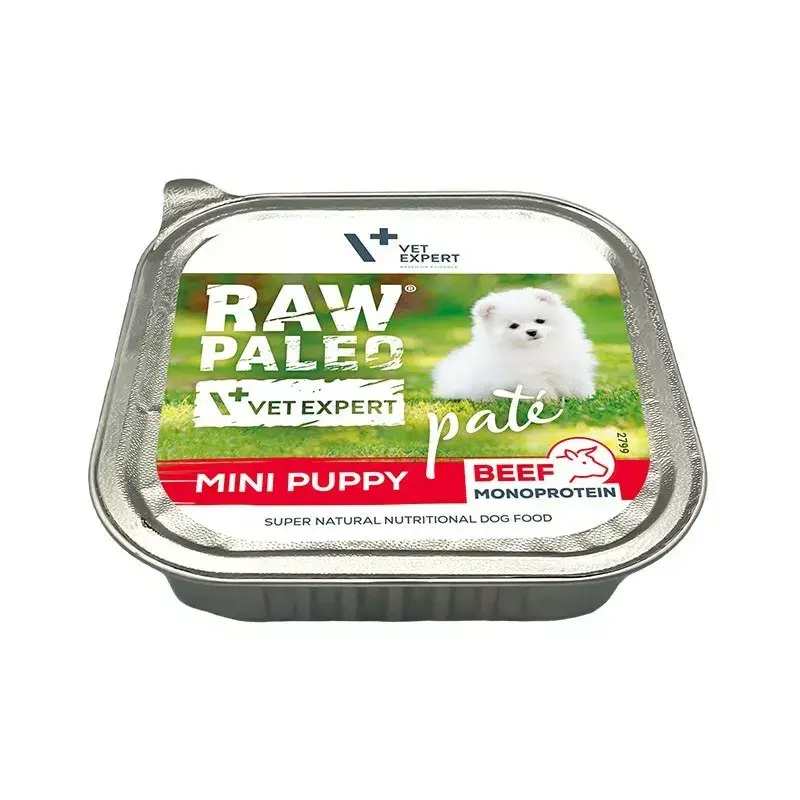 Mitrā kucēnu barība VETEXPERT RAW PALEO Pate Mini Beef — viena proteīna liellopu gaļas 150 g bundžiņa mazu šķirņu kucēniem