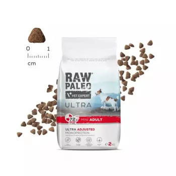 Sausā suņu barība VETEXPERT RAW PALEO Ultra Mini Adult Beef 2 kg — pilnvērtīga sausā barība pieaugušiem mazo šķirņu suņiem, 28,5% olbaltumvielu, 16% tauku