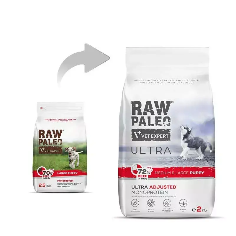 Sausā kucēnu barība VETEXPERT RAW PALEO Ultra Medium & Large Beef 2 kg — liellopu gaļa, olbaltumvielas 30,5%, tauki 16,5%
