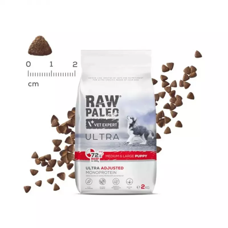 Sausā kucēnu barība VETEXPERT RAW PALEO Ultra Medium & Large Beef 2 kg — liellopu gaļa, olbaltumvielas 30,5%, tauki 16,5%