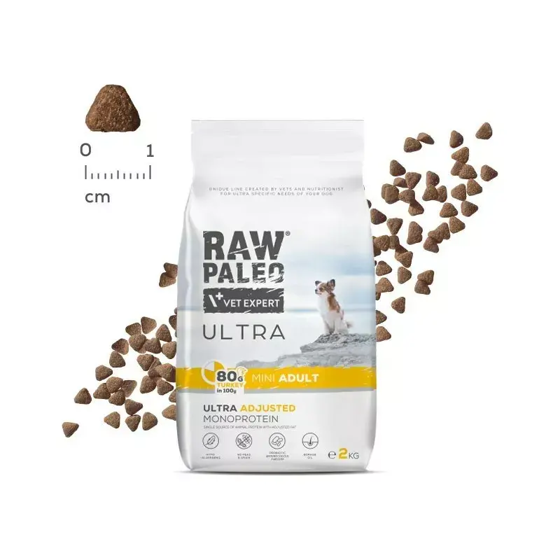 Sausā suņu barība VETEXPERT RAW PALEO Ultra Mini Adult Turkey 2 kg — pilnvērtīga sausā barība mazu šķirņu pieaugušiem suņiem, olbaltumvielas 24,5%, tauki 14%