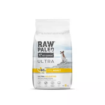 Sausā suņu barība VETEXPERT RAW PALEO Ultra Mini Adult Turkey 2 kg — pilnvērtīga sausā barība mazu šķirņu pieaugušiem suņiem, olbaltumvielas 24,5%, tauki 14%