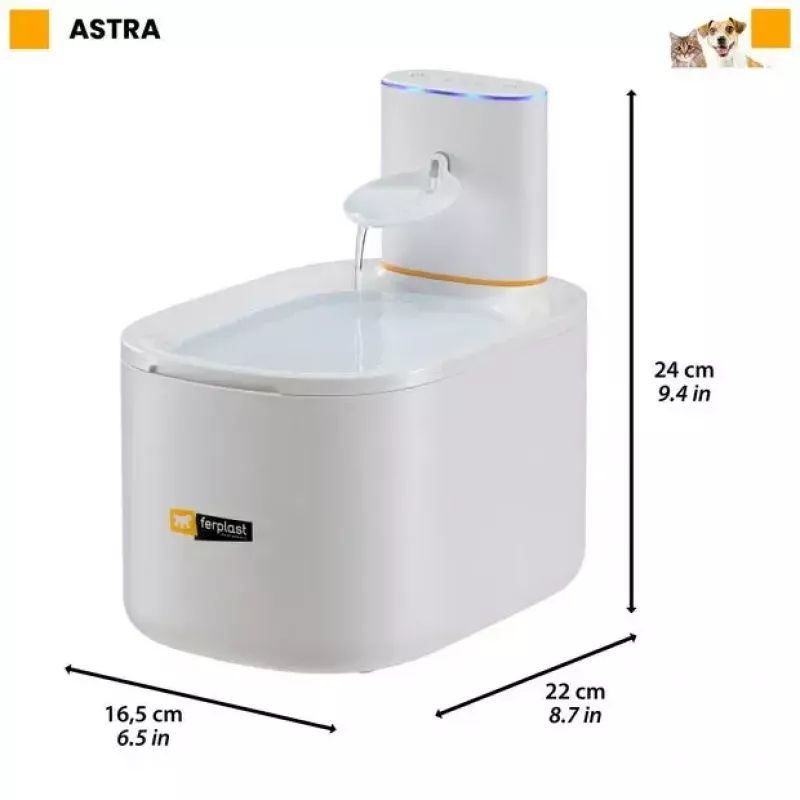 Mājdzīvnieku strūklaka FERPLAST ASTRA 3L ar kustības sensoru — 3 L tehnopolimērs, darbojas ar baterijām/līdzstrāvu, 3 pakāpju filtrācija