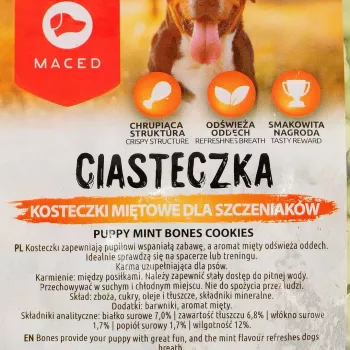 Suņu apmācības kārumi MACED Puppy Mint Bones Cookies 1 kg — piparmētru garšas cepumi kucēniem, 1 kg plastmasas iepakojums