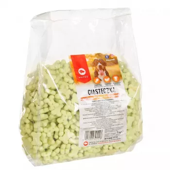 Suņu apmācības kārumi MACED Puppy Mint Bones Cookies 1 kg — piparmētru garšas cepumi kucēniem, 1 kg plastmasas iepakojums