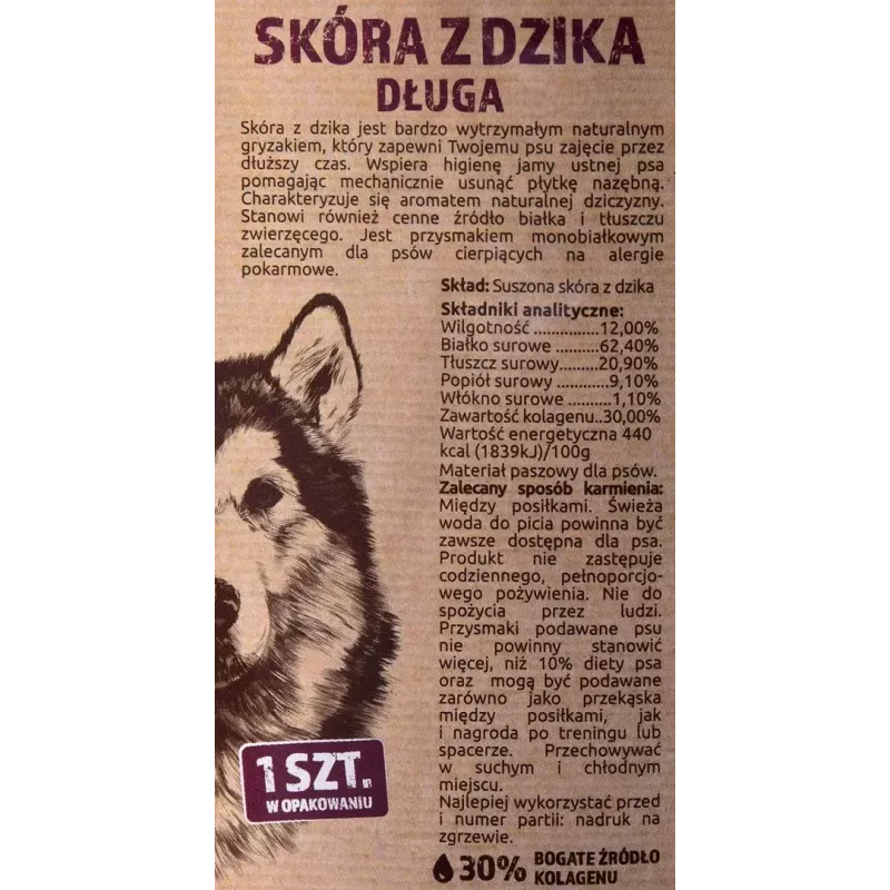 Suņu košļājamā rotaļlieta MACED Mežacūkas āda 45 cm — dabīgas ādas košļājamā našķis, 40 g, brieža gaļas garša, bez cukura un lipekļa