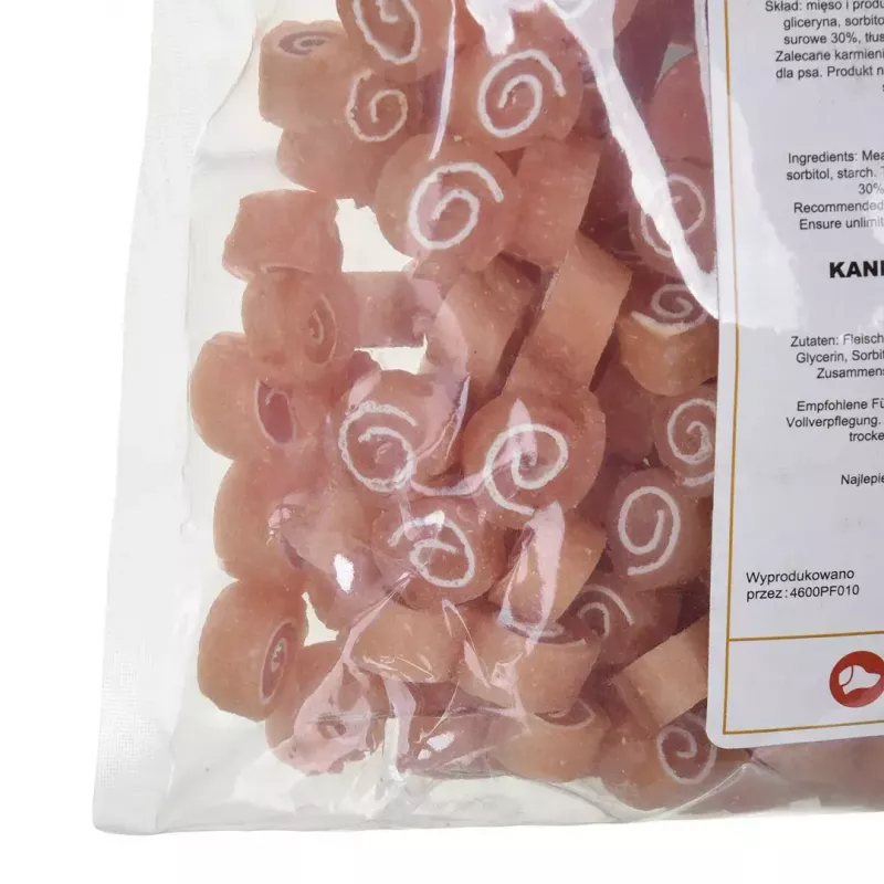 Mīkstie suņu našķi MACED Sushi ar trusi un zivi 500 g — funkcionāli dresēšanas našķi, olbaltumvielas 30%, tauki 2%, mitrums 23%
