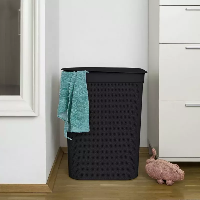 Veļas grozs rotho Brisen 50 L ventilējams plastmasas grozs ar vāku un iekarināšanas atveri, melns, 340×431×529 mm