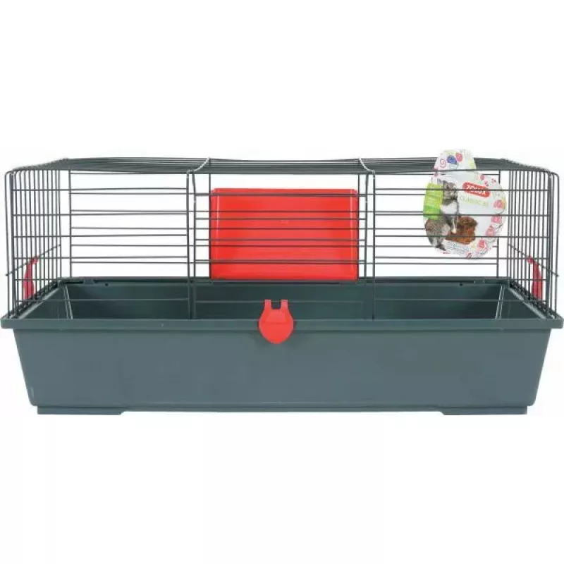Grauzēju būris ZOLUX Classic 80 — divstāvu metāla/plastmasas novietne, 800×430×330 mm, 31 mm stieņu atstarpes, pelēks/sarkans