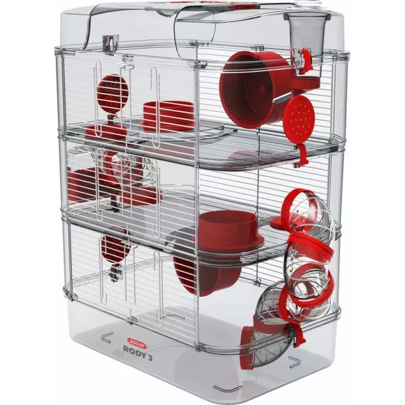 Grauzēju būris ZOLUX Rody3 Trio — mazo dzīvnieku mājvieta, metāls/plastmasa, 410×270×530 mm, 3 kg, komplektā ar skriešanas riteni