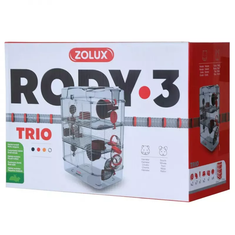 Grauzēju būris ZOLUX Rody3 Trio — mazo dzīvnieku mājvieta, metāls/plastmasa, 410×270×530 mm, 3 kg, komplektā ar skriešanas riteni