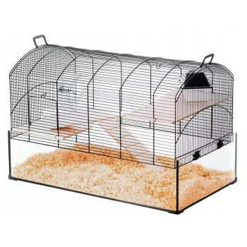 Būris ZOLUX NeoPanas XL stikla būris grauzējiem, melns, izmēri 710×410×490 mm, stikla paplātes augstums 180 mm, ietver 2 plauktus, 2 platformas, bļodu, mājiņu, riteni