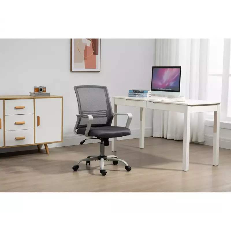 Grozais biroja krēsls ActiveJet YK01 — polsterēts auduma sēdeklis, sieta atzveltne, pelēks, regulējams augstums 46–56 cm